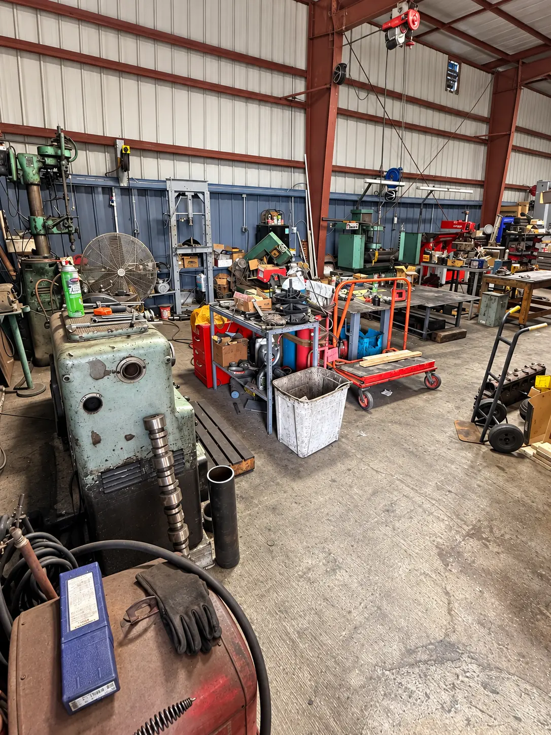 Workbenches and shop equipment inside the repair facility